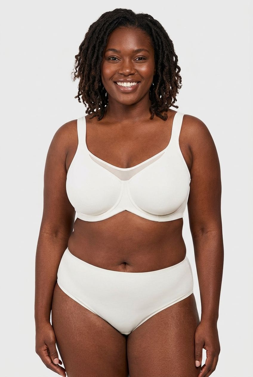 Black model - front, white/ivory minimizer bra