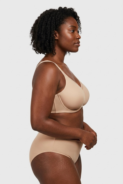 Black model - side, beige minimizer bra