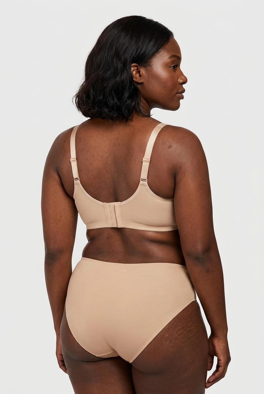Black model - back, beige minimizer bra