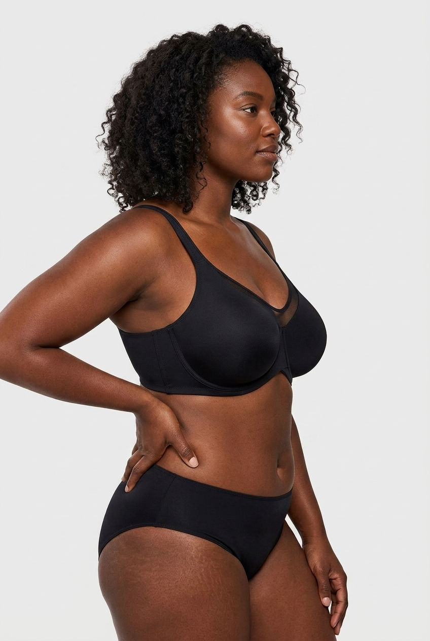 Black model - side, black minimizer bra