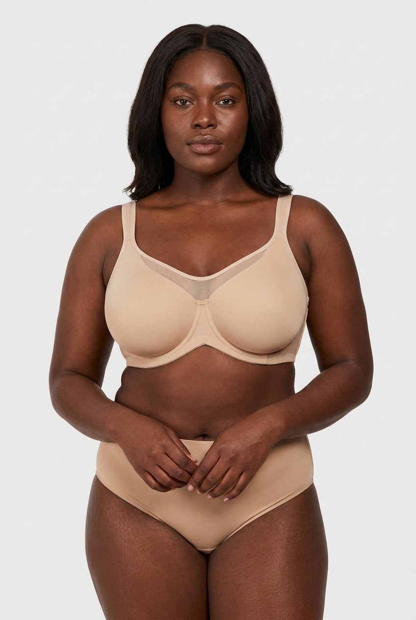 Black model - front, beige minimizer bra