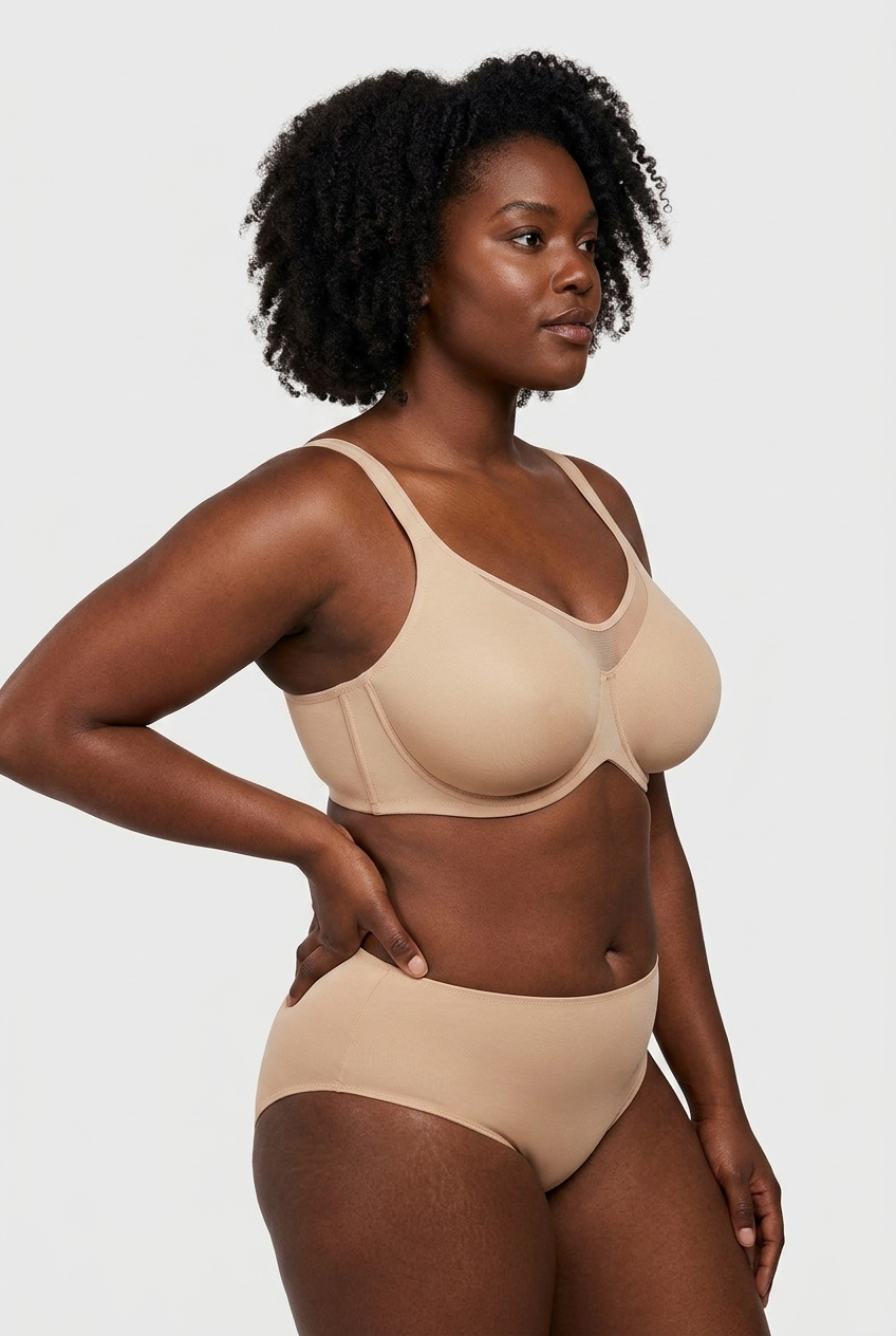 Black model - side 2, beige minimizer bra