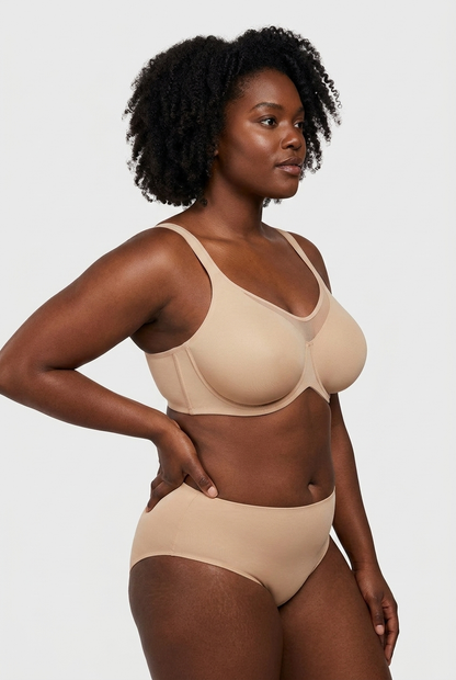 Black model - side 2, beige minimizer bra