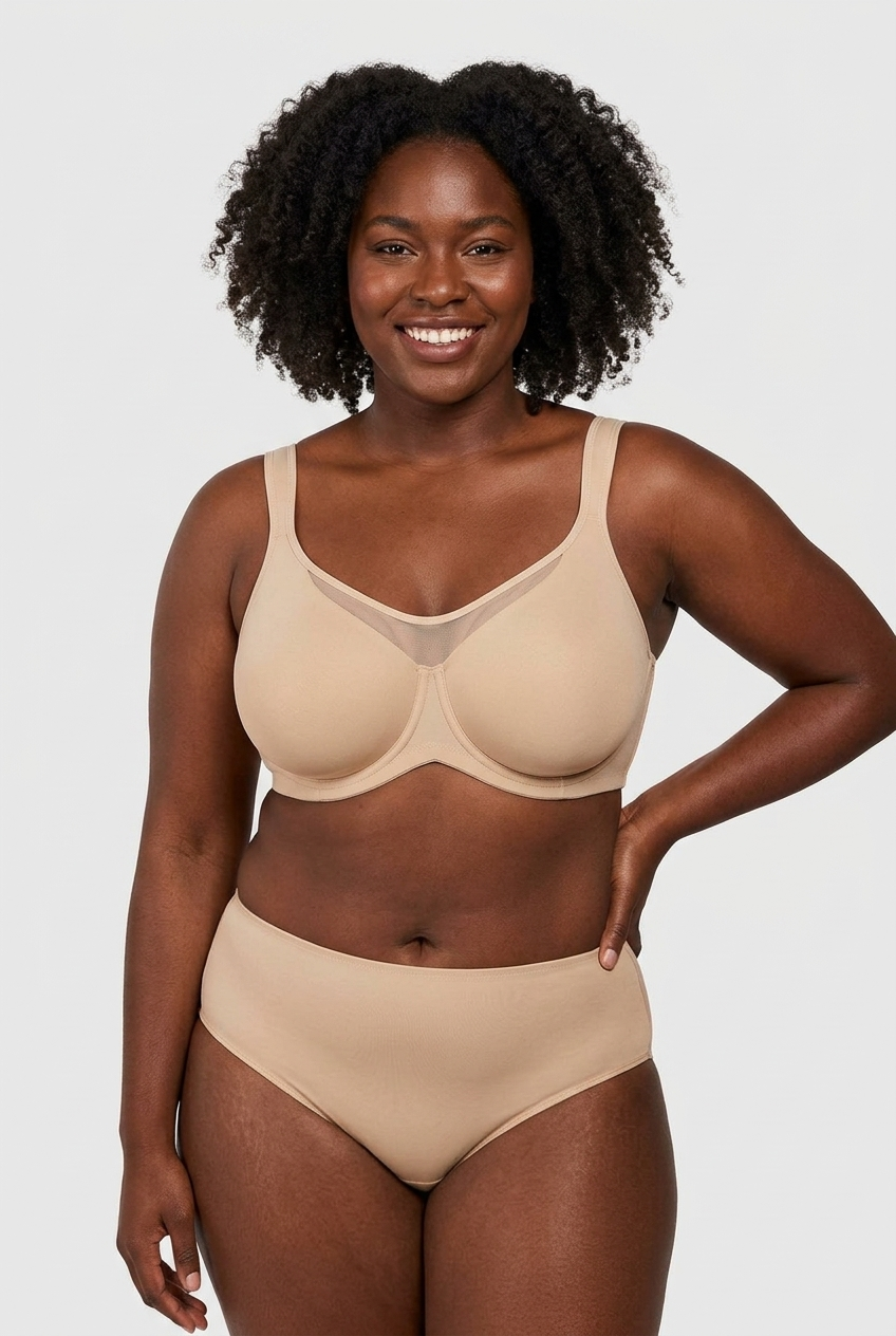 Black model - featured front, beige minimizer bra