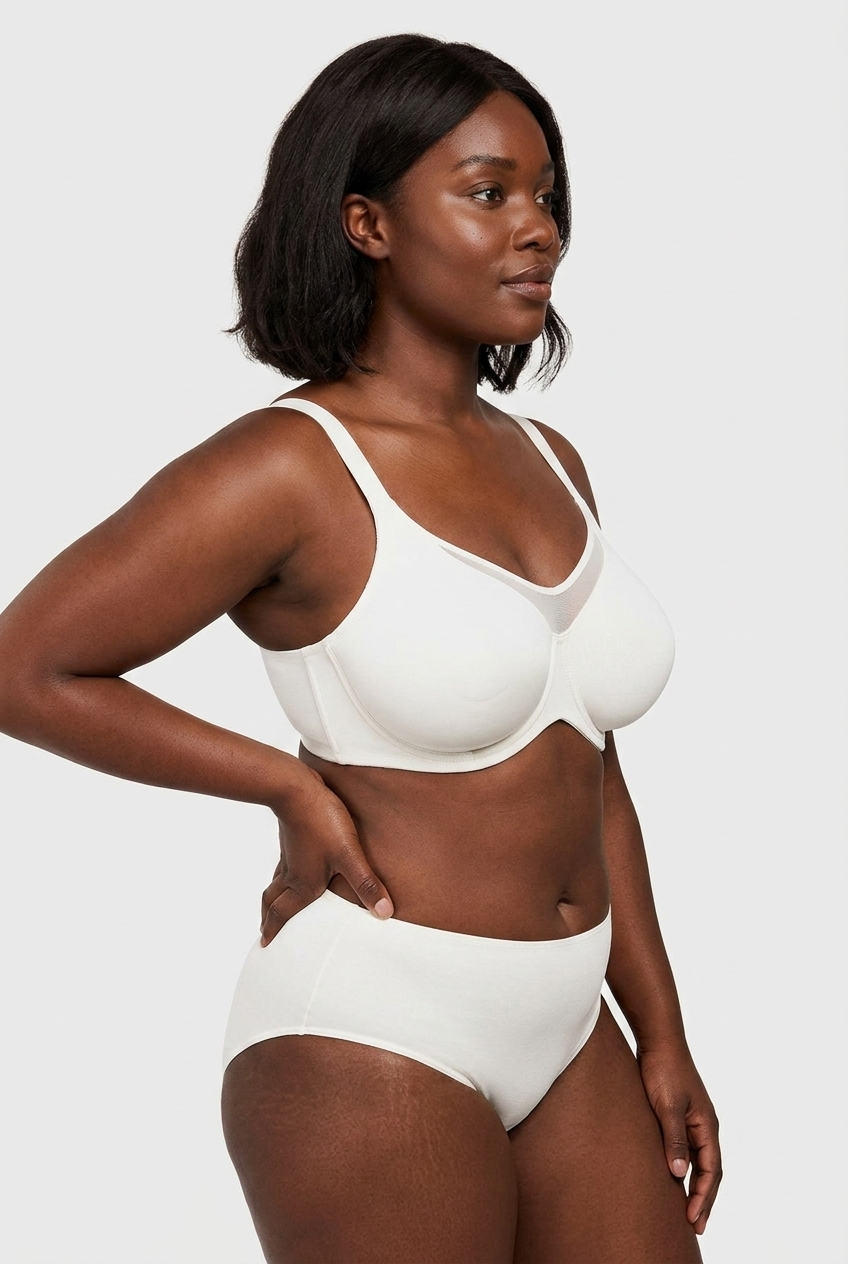 Black model - side, ivory minimizer bra
