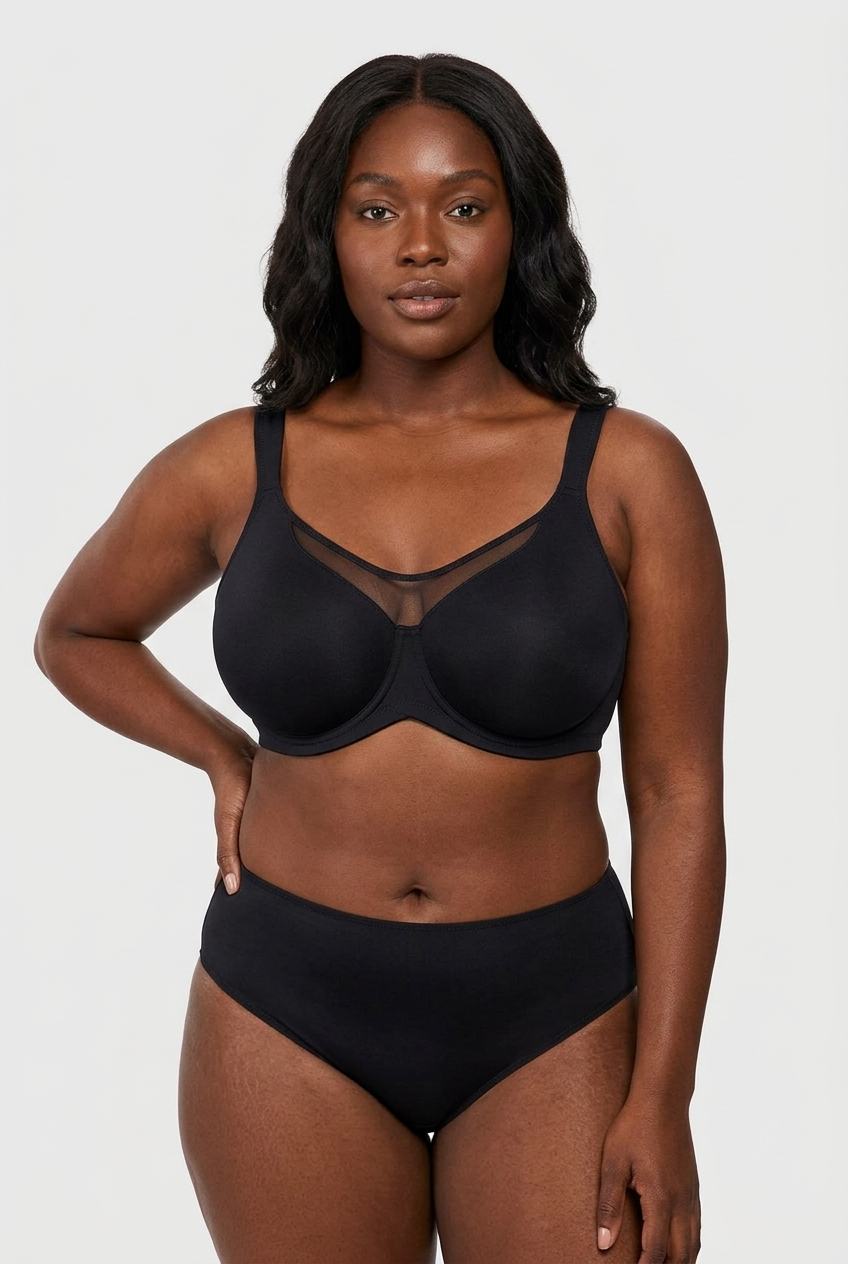 Black model - front, black minimizer bra